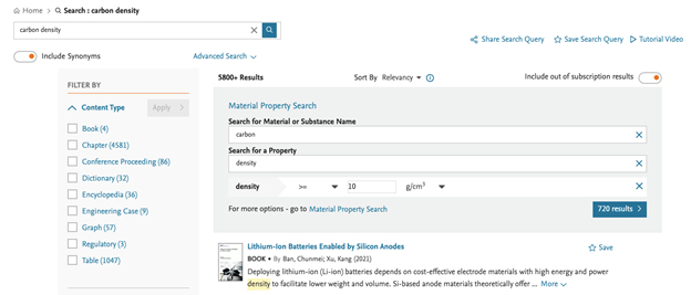 Screenshot of material property search card